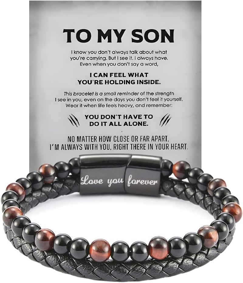 DivaGlamz The Guardian - Son's Tiger Eye Protection Bracelet From Mom, Black Braided Leather natural stone Inspirational Bracelets Engraved Love You Forever Birthday Gift Jewelry - Image 1